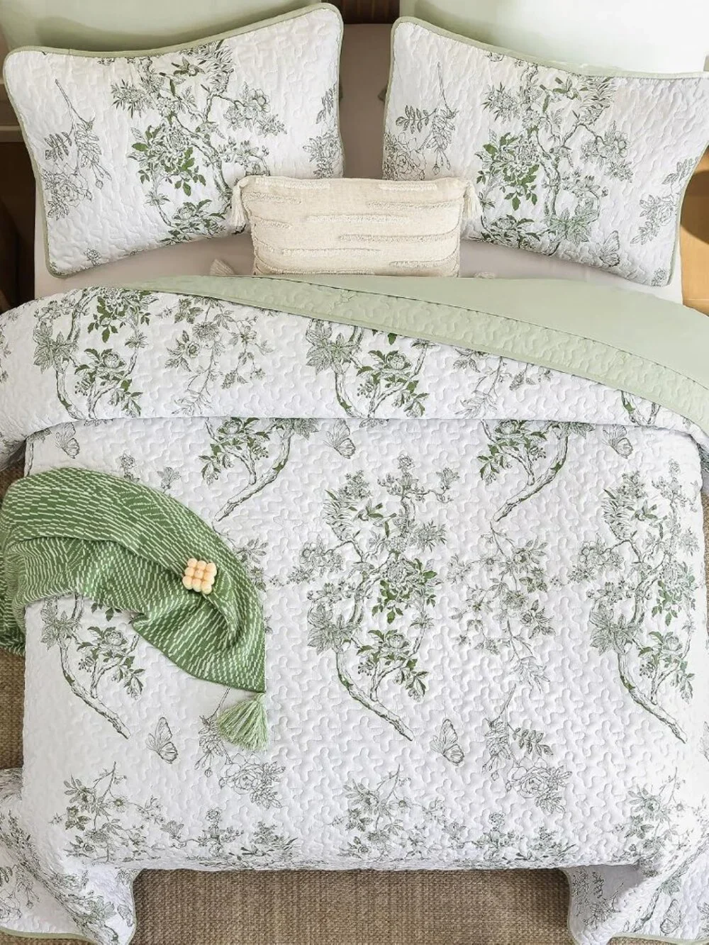 Floral Quilt Set Full,Green Botanical Pattern Quilts Bedspread Coverlet Set for